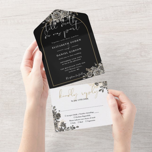 Gothic Gold Arch Black Roses Floral Wedding All In One Invitation (Tearaway)