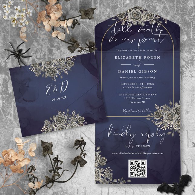 Gothic Gold Arch Black Roses QR Code Wedding All In One Invitation (Gothic Gold Arch Black Roses QR Code Wedding All In One Invitation)