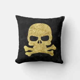 Gothic Gold Faux Glitter Skull & Cross Bones Cushion