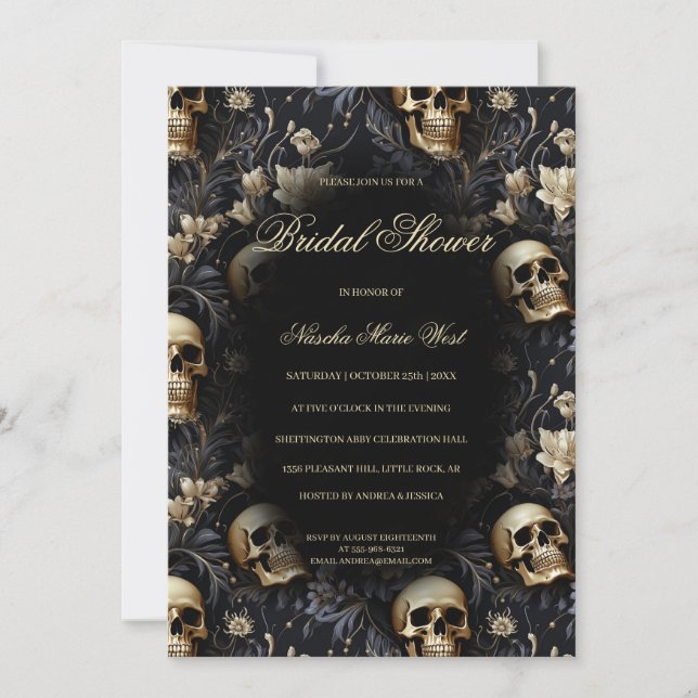 Gothic Gold Floral Skulls Moody Bridal Shower Invitation (Front)