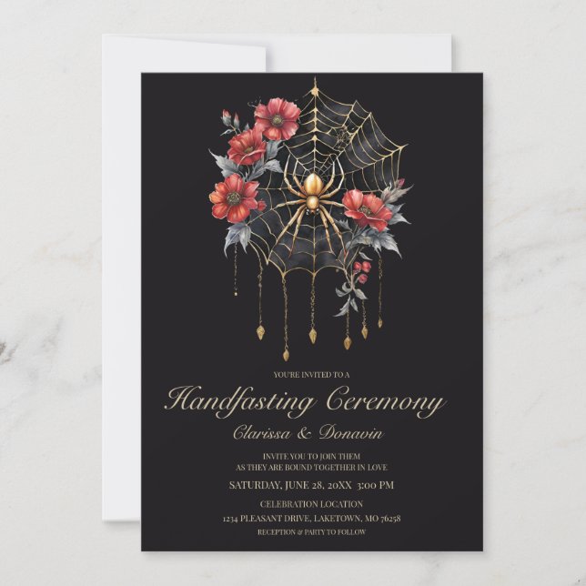 Gothic Gold & Red Spider Floral Web Handfasting Invitation (Front)
