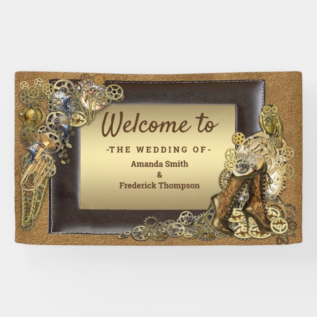 Gothic -Gold Steampunk sculptures On Suede Banner (Horizontal)