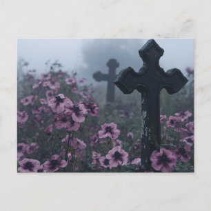 Gothic Grave Marker Cross Purple Flowers Postcard