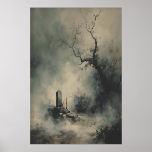 Gothic Grave Under Foggy Trees Dark Halloween Poster (Front)