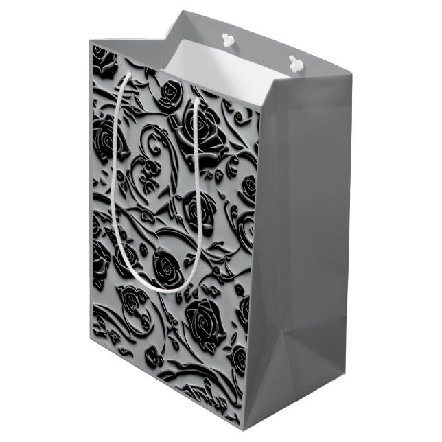 Gothic Graveyard Black Roses Pattern Medium Gift Bag (Back Angled)