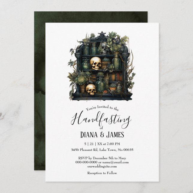 Gothic Green Apothecary Alchemy Handfasting Invitation (Front/Back)