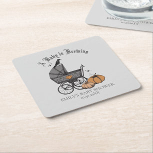 Gothic Grey A Baby is Brewing Fall Baby Shower Square Paper Coaster