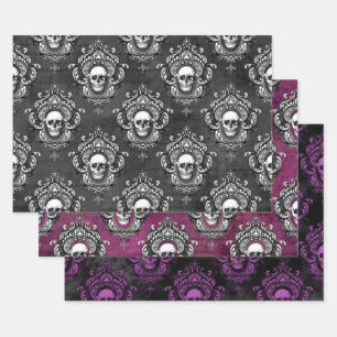 Gothic Grey and Purple Skull Wrapping Paper Sheet