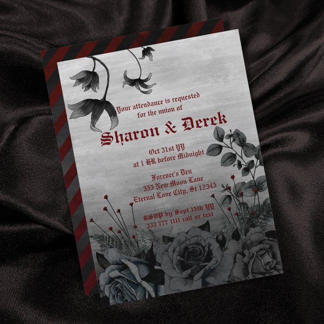 Gothic Grey Black Floral Red Lettering Wedding Invitation (Creator Uploaded)