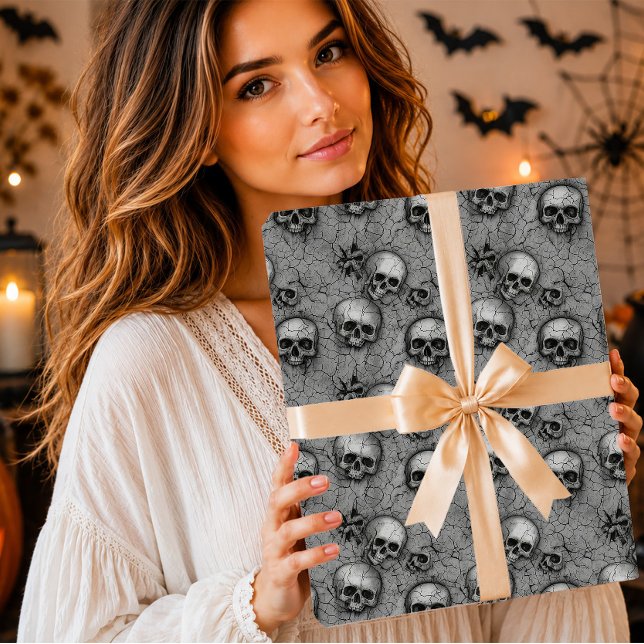 Gothic Grey Cracked Earth Skull Pattern Wrapping Paper (Creator Uploaded)