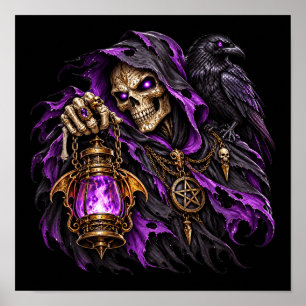 Gothic Grim Reaper and Raven Poster - Purple Flame