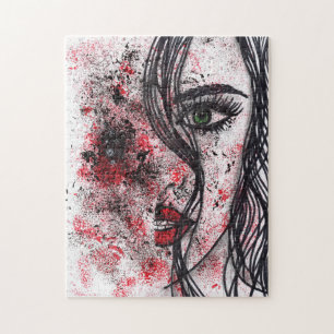 Gothic Grunge Abstract Girl Portrait Line Art Jigs Jigsaw Puzzle