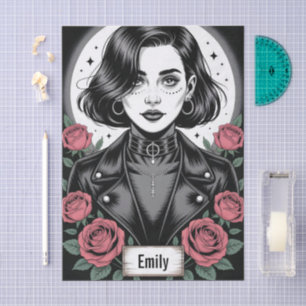 Gothic Grunge Girl Illustration with Biker Jacket Tissue Paper