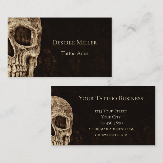 Gothic Half Skull Brown Beige Tattoo Artist Business Card (Front/Back)