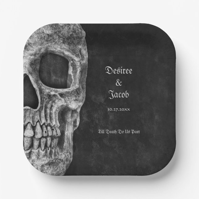 Gothic Half Skull Cool Black And White Grunge Paper Plate (Front)