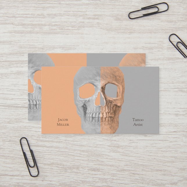 Gothic Half Skull Face Tan Grey Tattoo Shop Business Card (Front/Back In Situ)