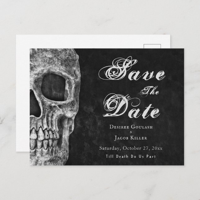 Gothic Half Skull Hallowedding Save The Date Announcement Postcard (Front/Back)