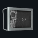 Gothic Half Skull Head Cool Black And White Grunge Belt Buckle<br><div class="desc">Gothic macabre black and white grunge texture print half skull head rectangular belt buckle. Spooky,  cool,  creepy,  evil,  sinister design. Personalise your name. Trendy,  unique,  modern,  scary Halloween style. Image copyright Marg Seregelyi Photography.</div>