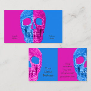 Gothic Half Skull Head Neon Blue Pink Tattoo Shop Business Card