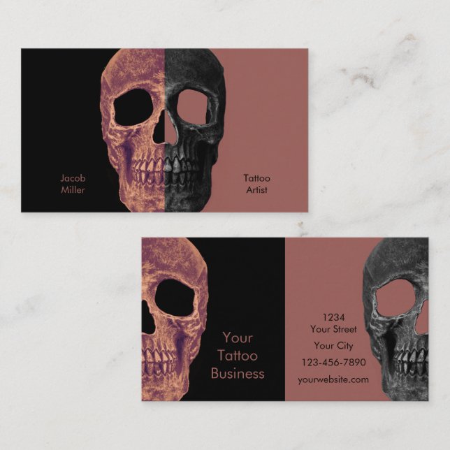 Gothic Half Skull Heads Black Brown Tattoo Shop Business Card (Front/Back)