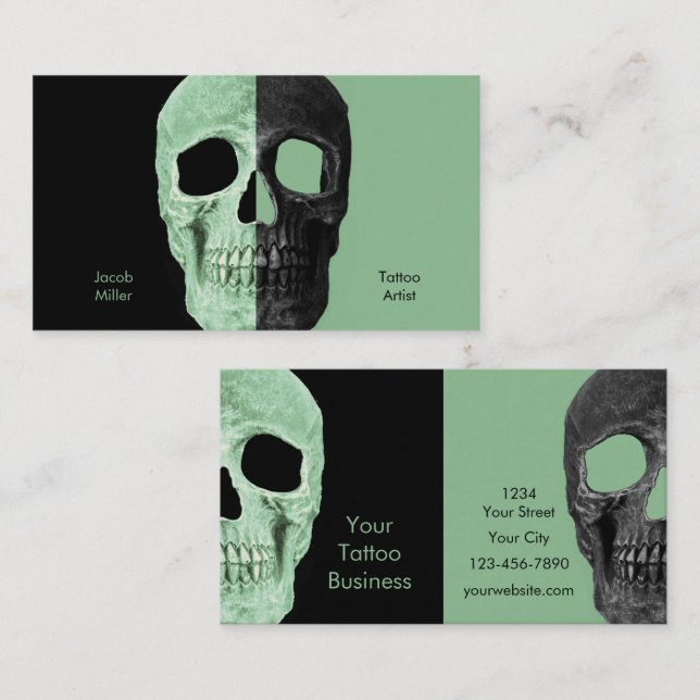 Gothic Half Skull Heads Green Black Tattoo Shop Business Card (Front/Back)