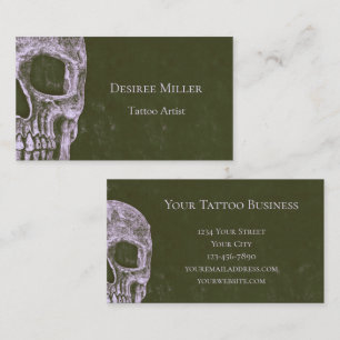 Gothic Half Skull Olive Green Grunge Tattoo Artist Business Card