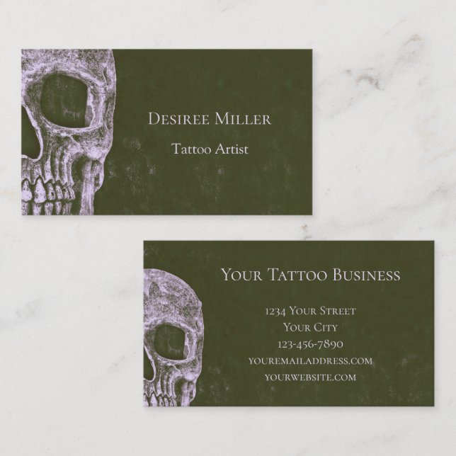 Gothic Half Skull Olive Green Grunge Tattoo Artist Business Card (Front/Back)