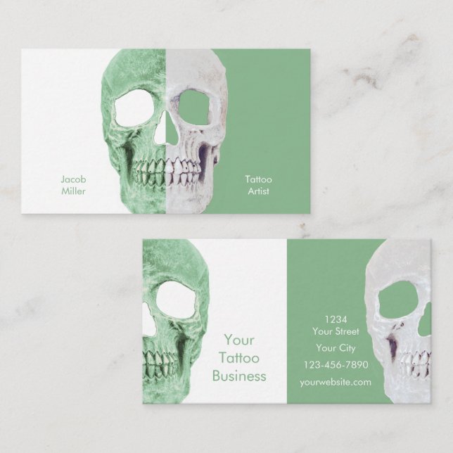 Gothic Half Skulls Pastel Green White Tattoo Shop Business Card (Front/Back)