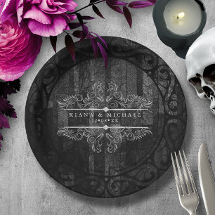 Gothic Hallowedding Scrollwork B&W ID866 Paper Plate