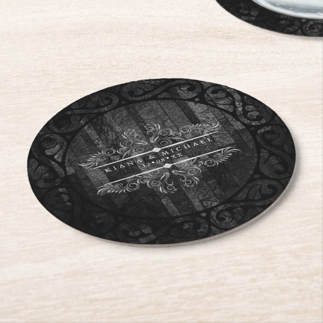 Gothic Hallowedding Scrollwork B&W ID866 Round Paper Coaster (Angled)