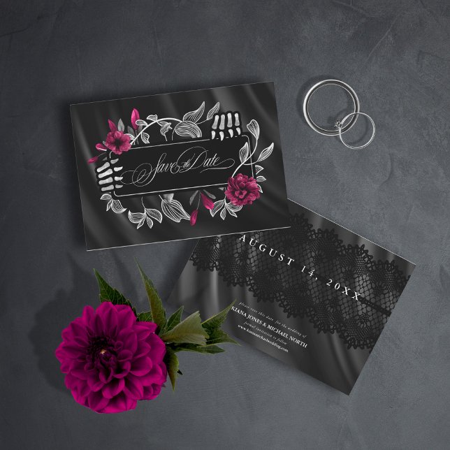 Gothic Hallowedding Skeletal Lace Burgundy ID866 Save The Date (Creator Uploaded)