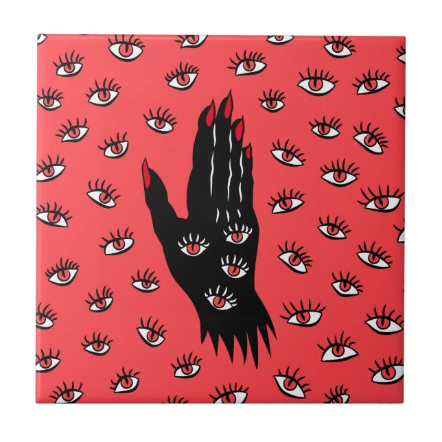 Gothic Halloween Art – Black Hand Spooky Eyes Ceramic Tile (Front)