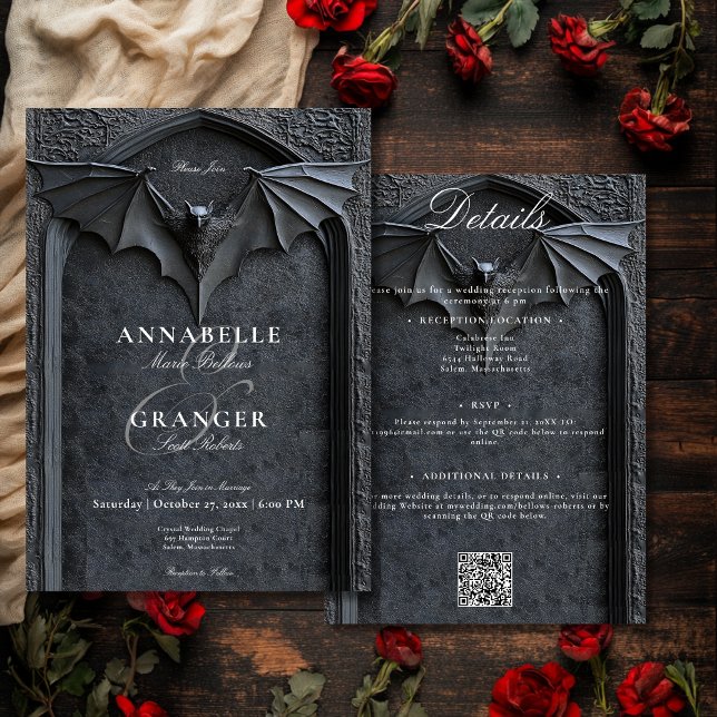 Gothic Halloween Black Bat & Arch Two Side Details Invitation (Gothic Halloween Black Bat & Arch Two Side Details Invitation)