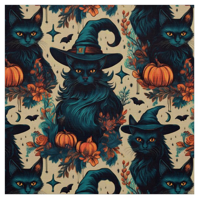Gothic halloween black cat witch pattern fabric (Swatch)
