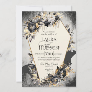Gothic Halloween Black Floral Wedding Invitation