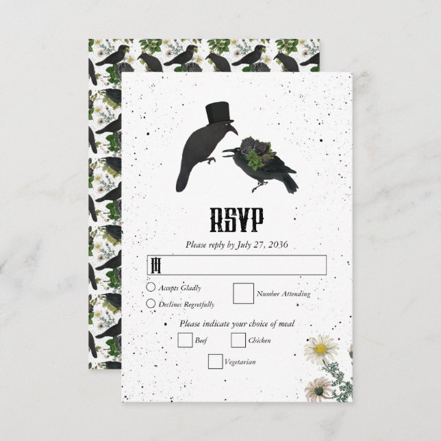 Gothic Halloween Black Roses Crows Wedding RSVP Card (Front/Back)