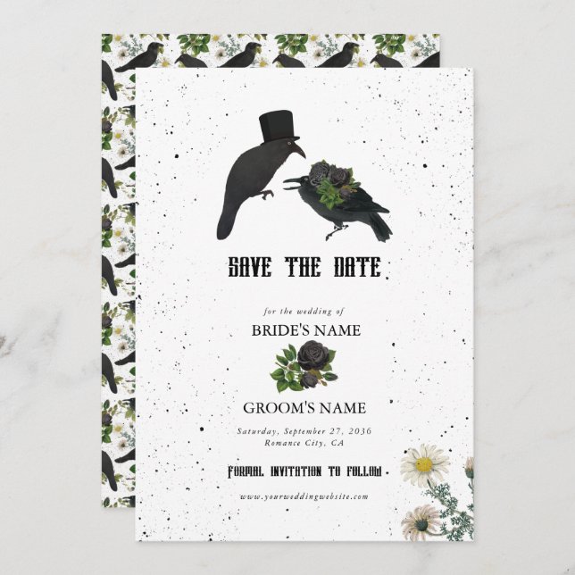 Gothic Halloween Black Roses Crows Wedding Save The Date (Front/Back)