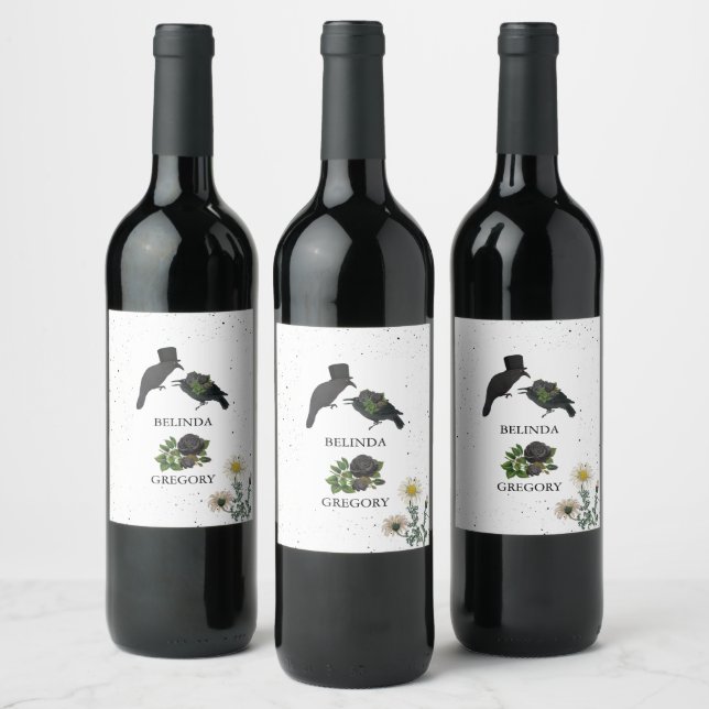 Gothic Halloween Black Roses Crows Wedding Wine Label (Bottles)