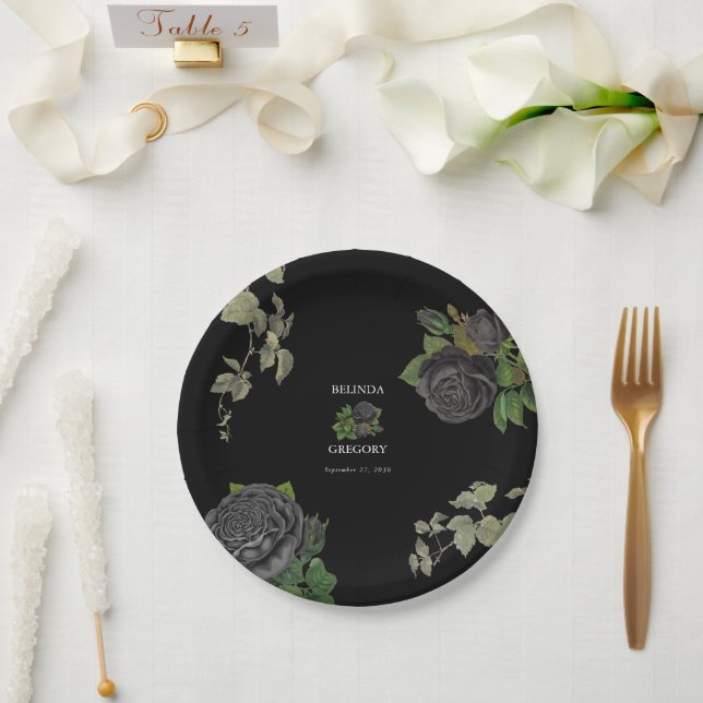 Gothic Halloween Black Roses Wedding Paper Plate (Wedding)