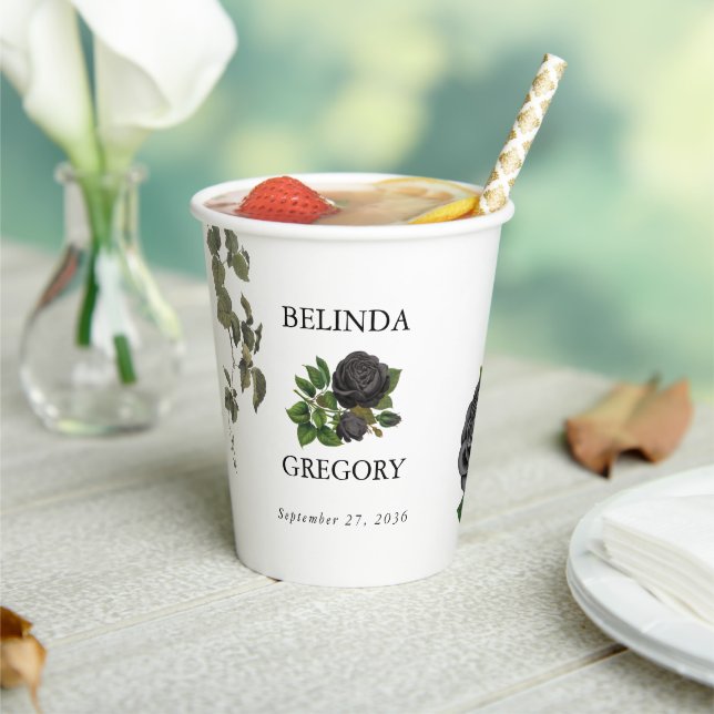 Gothic Halloween Black Roses White Wedding Paper Cups (Insitu)