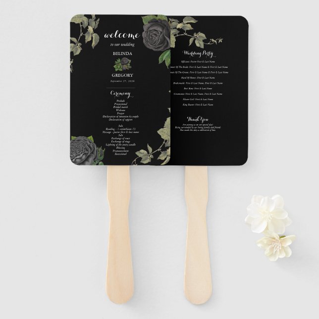 Gothic Halloween Black Wedding Program Hand Fan (Front and Back)