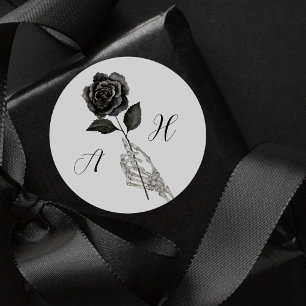 Gothic Halloween Black Wedding Skeleton Hand Rose Classic Round Sticker