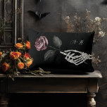 Gothic Halloween Black Wedding Skeleton Hand Rose Lumbar Cushion<br><div class="desc">Nothing screams "I do!" like a Halloween-inspired gothic wedding. Get ready for a bone-chillingly beautiful celebration like no other with our 'Til Death Do Us Part skeleton & floral Halloween gothic theme wedding decor pillow. Our beautiful wedding pillow features our own hand-painted watercolor skeleton hand-holding a red rose with a...</div>