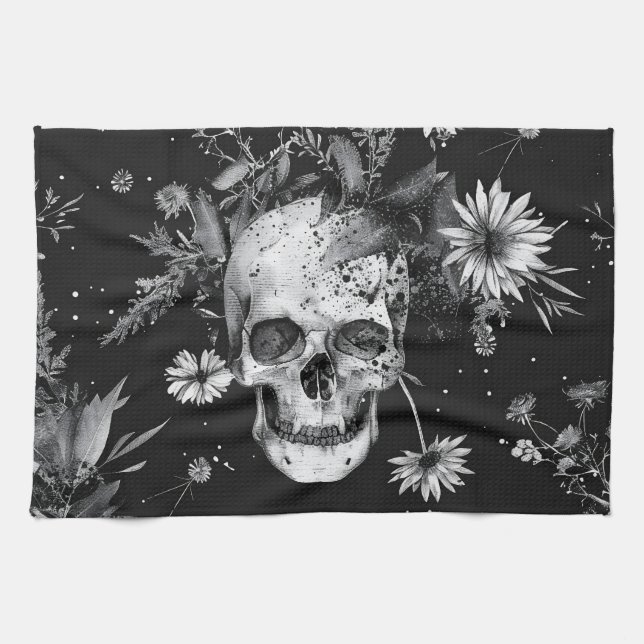 Gothic Halloween Botanical Skulls pattern Tea Towel (Horizontal)