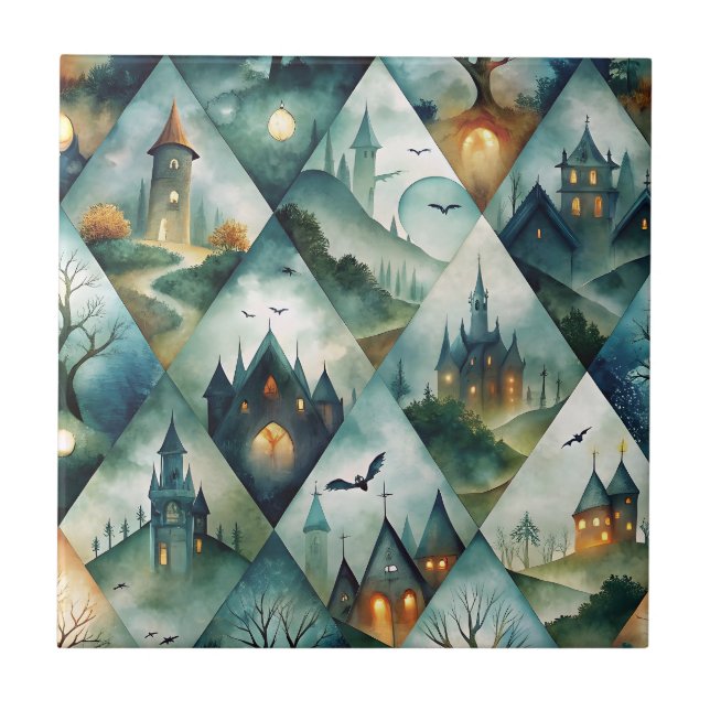 Gothic Halloween Castle Pattern Ceramic Tile (Front)