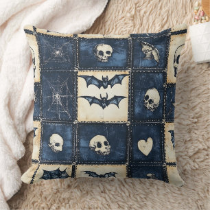 Gothic Halloween Denim Patchwork Pattern Cushion