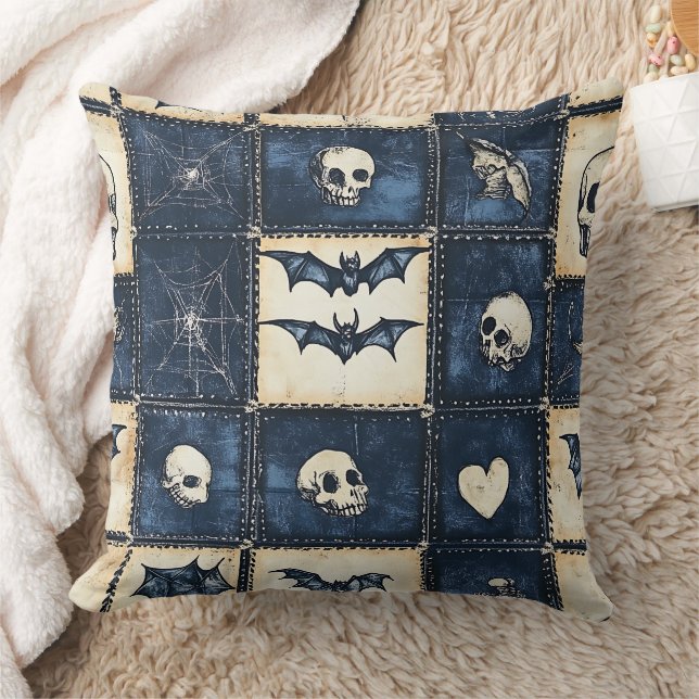 Gothic Halloween Denim Patchwork Pattern Cushion (Blanket)