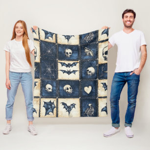 Gothic Halloween Denim Patchwork Pattern Fleece Blanket