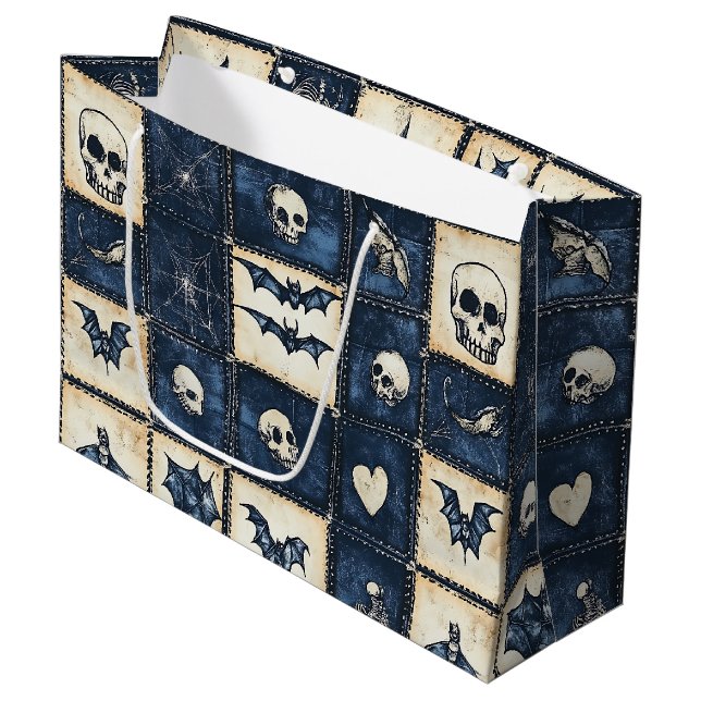 Gothic Halloween Denim Patchwork Pattern Large Gift Bag (Front Angled)