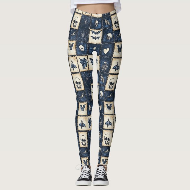 Gothic Halloween Denim Patchwork Pattern Leggings (Front)